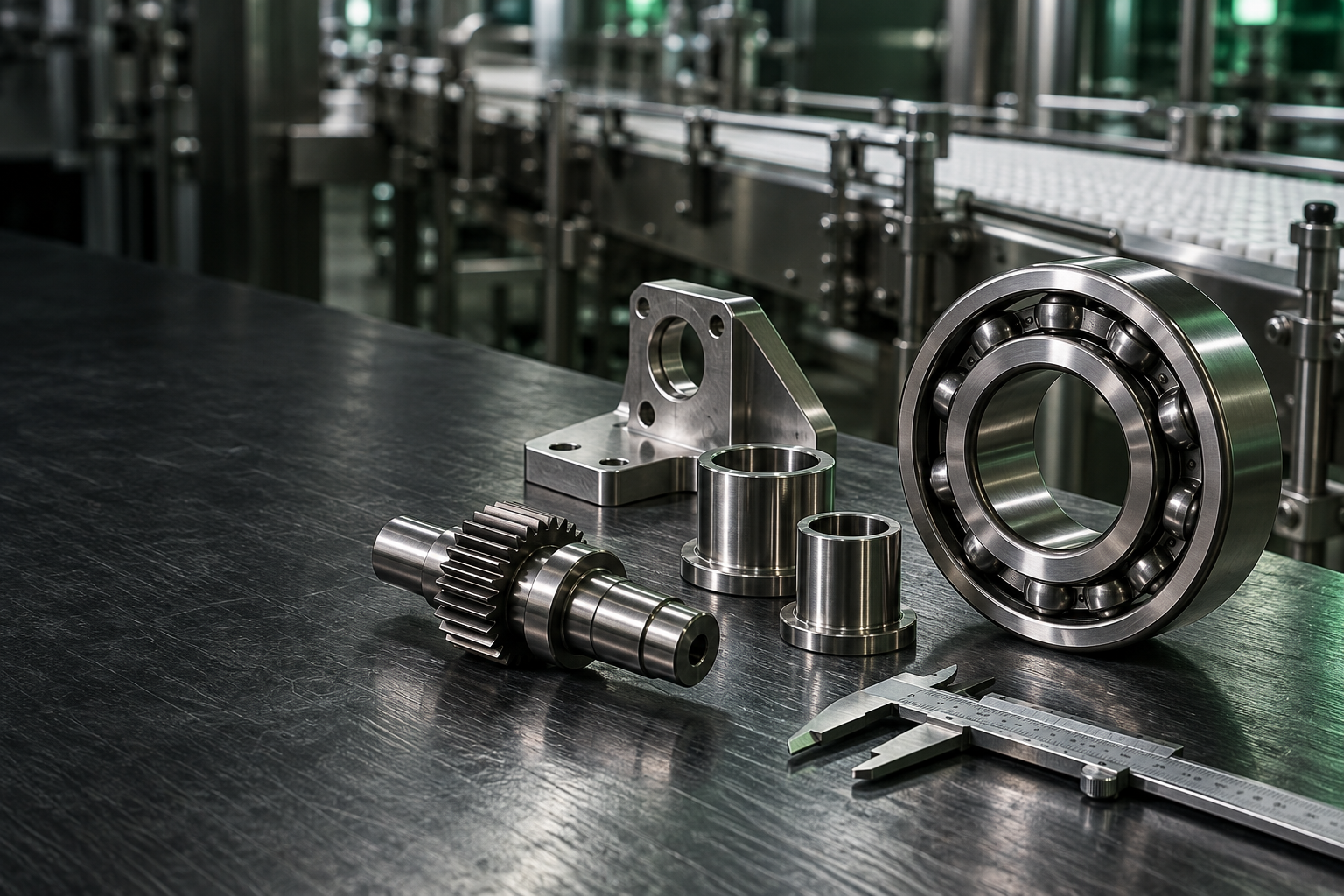 Illustrative arrangement of precision steel parts, bearings and machining tools
